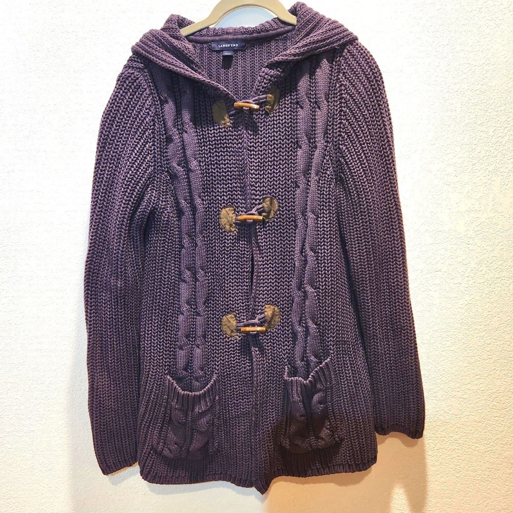 Lands' End Purple Knit Toggle Hoodie Cardigan Women's Petite M Cotton
